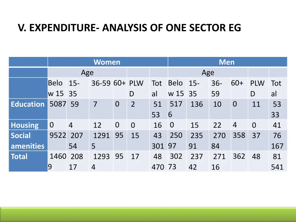 v expenditure analysis of one sector eg