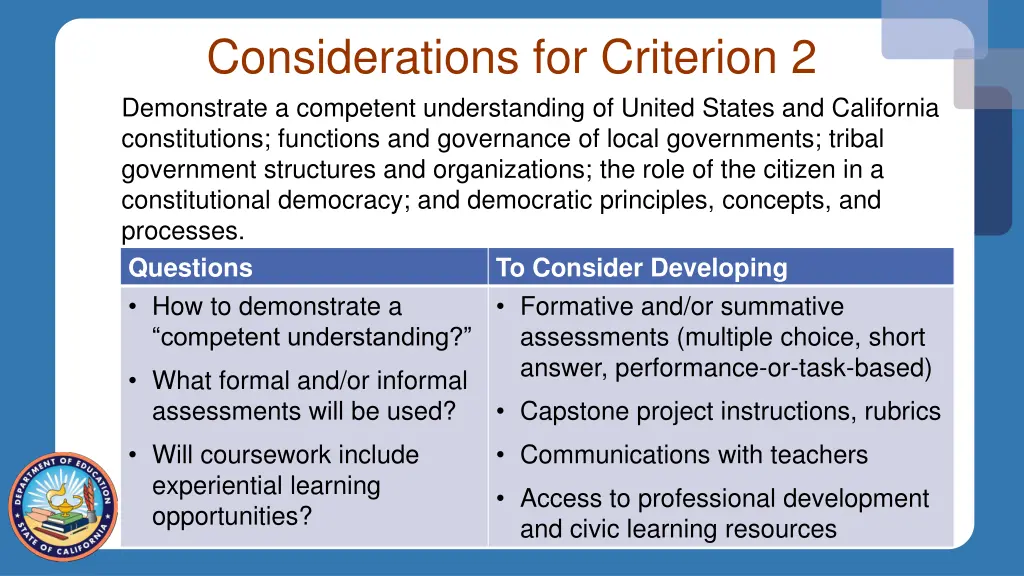 considerations for criterion 2 demonstrate