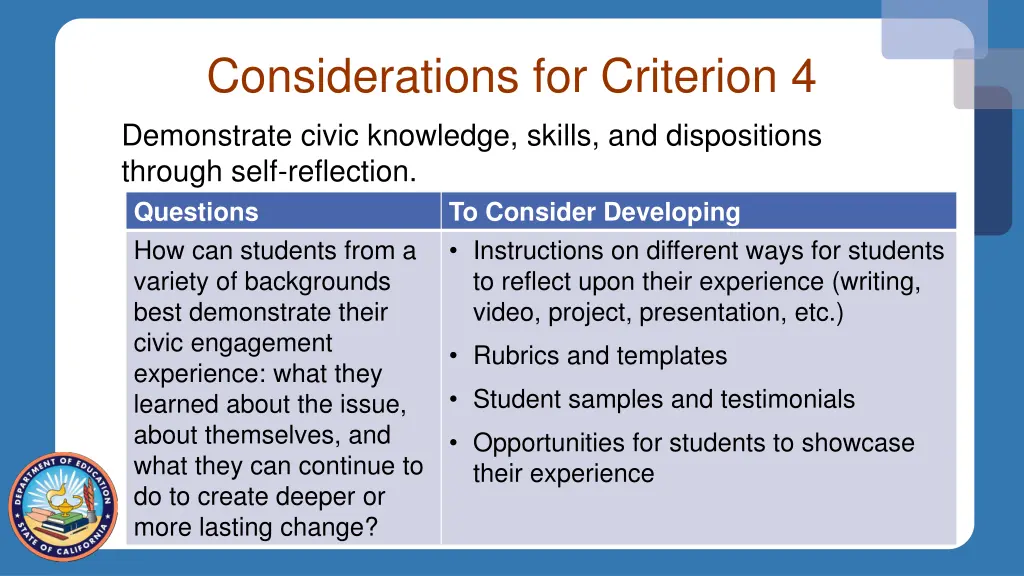 considerations for criterion 4 demonstrate civic