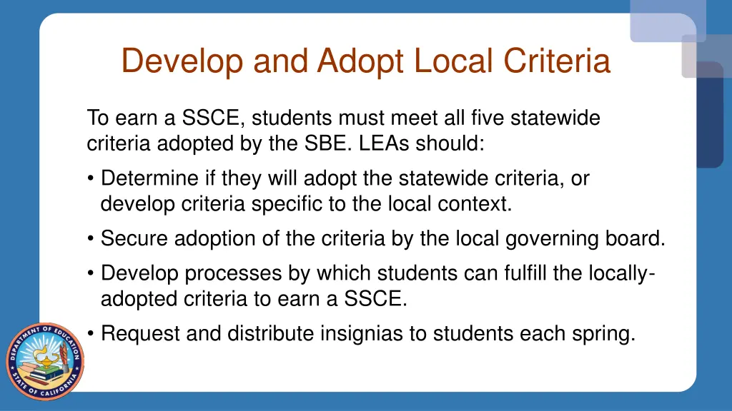 develop and adopt local criteria