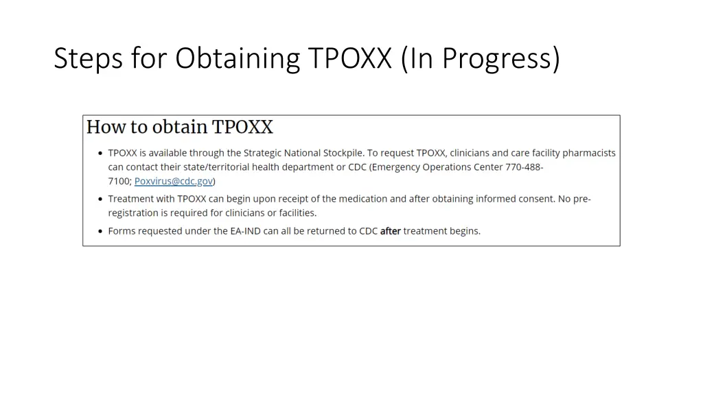 steps for obtaining tpoxx in progress