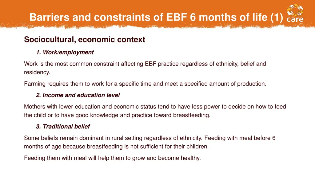 barriers and constraints of ebf 6 months of life 1