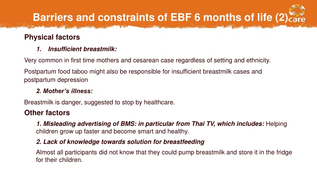 barriers and constraints of ebf 6 months of life 2