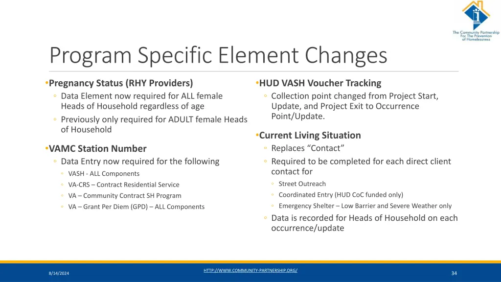 program specific element changes 1