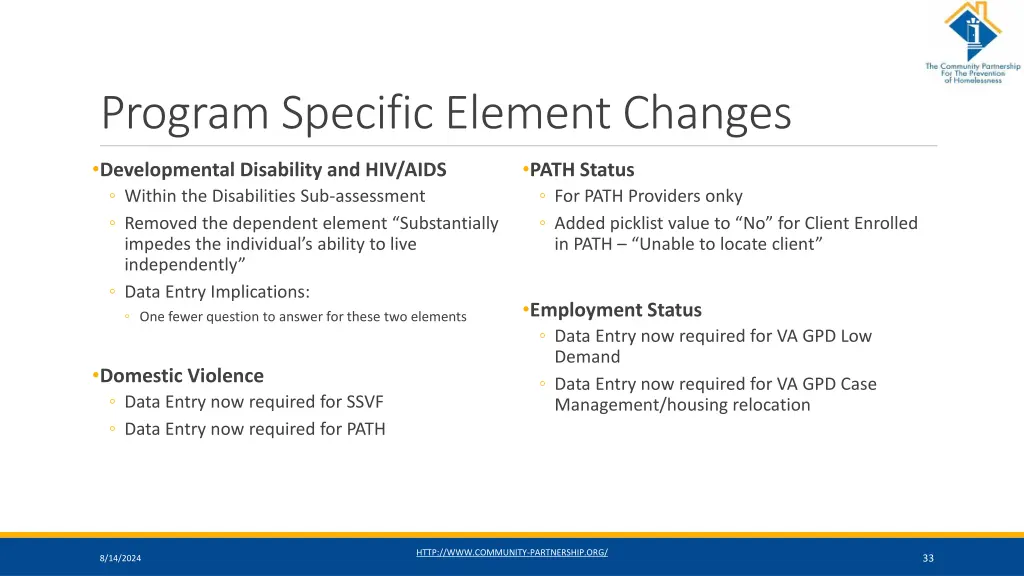 program specific element changes