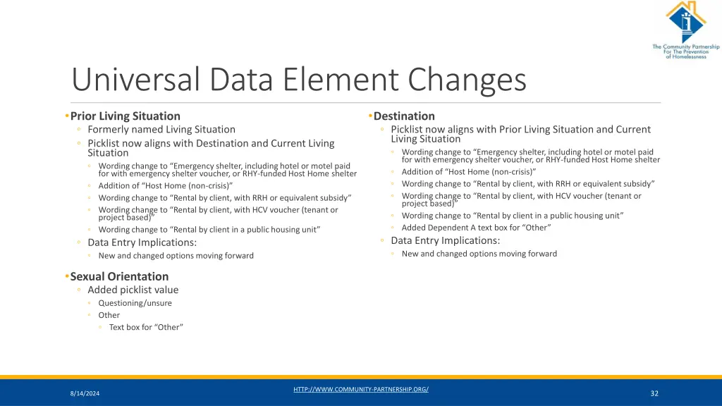 universal data element changes