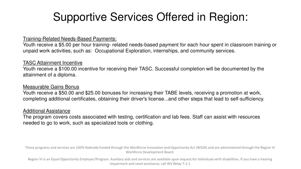 supportive services offered in region