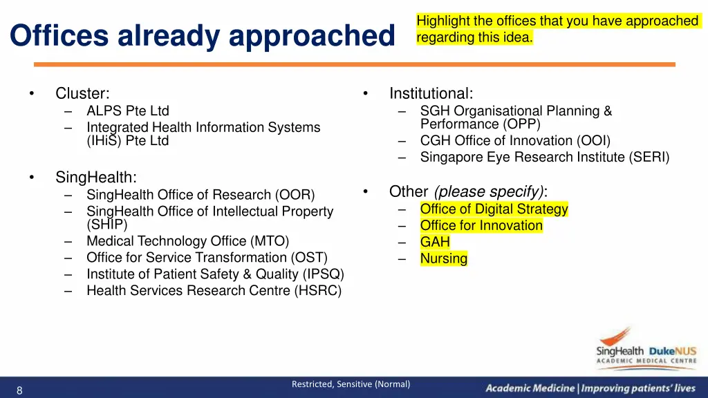 highlight the offices that you have approached