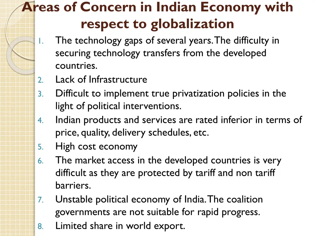 areas of concern in indian economy with respect