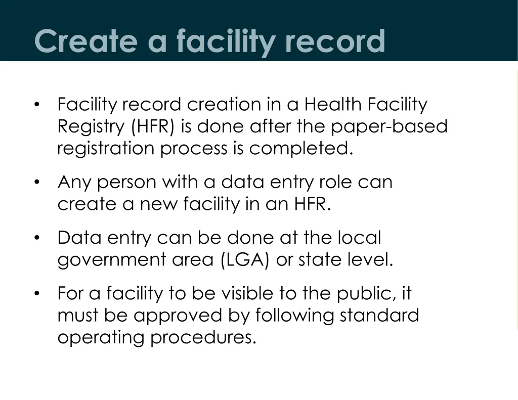 create a facility record 1