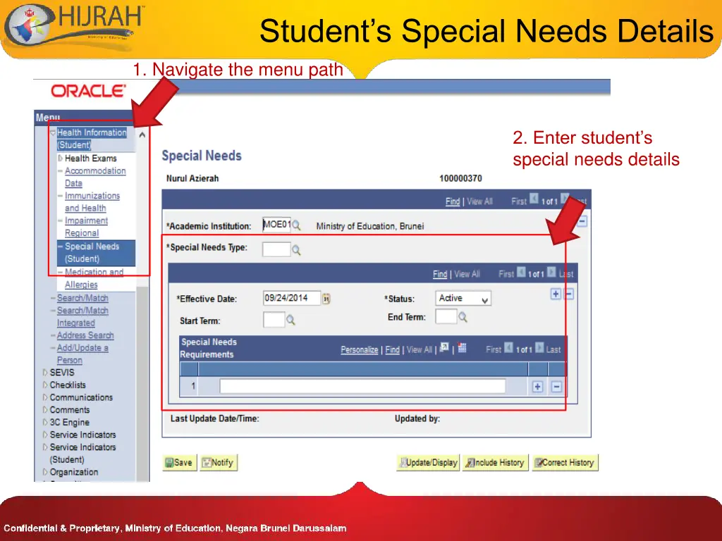 student s special needs details