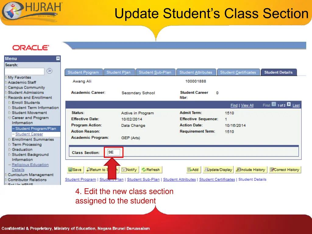 update student s class section 3