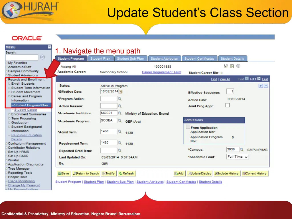 update student s class section