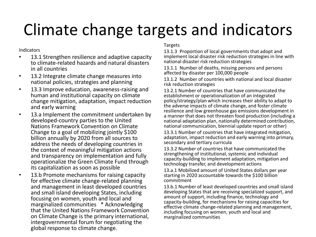 climate change targets and indicators