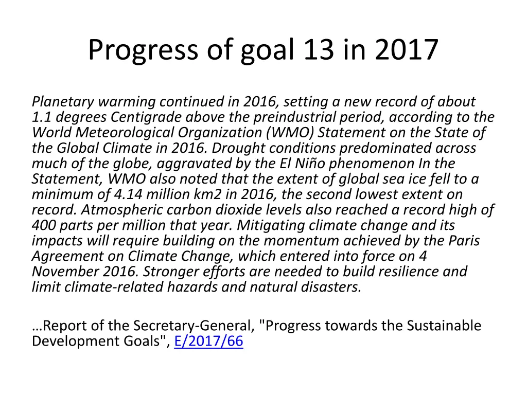 progress of goal 13 in 2017