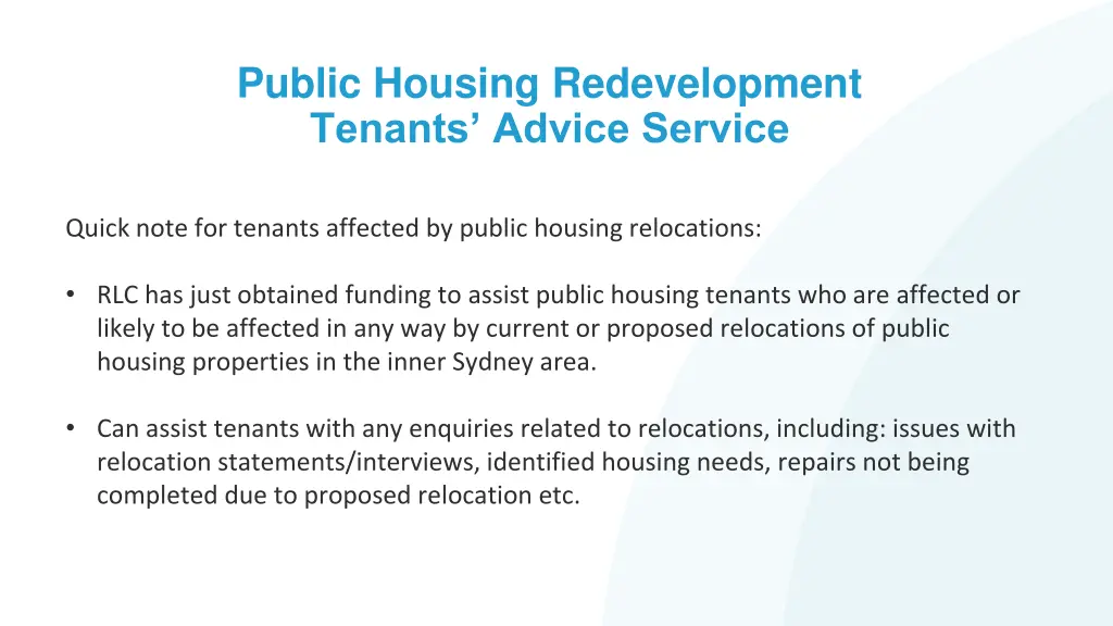 public housing redevelopment tenants advice