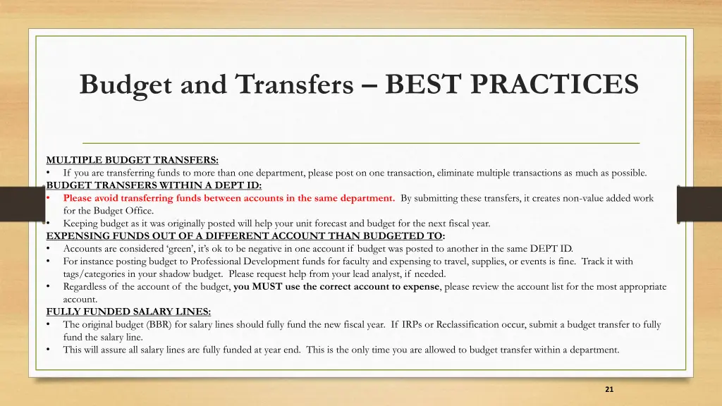 budget and transfers best practices