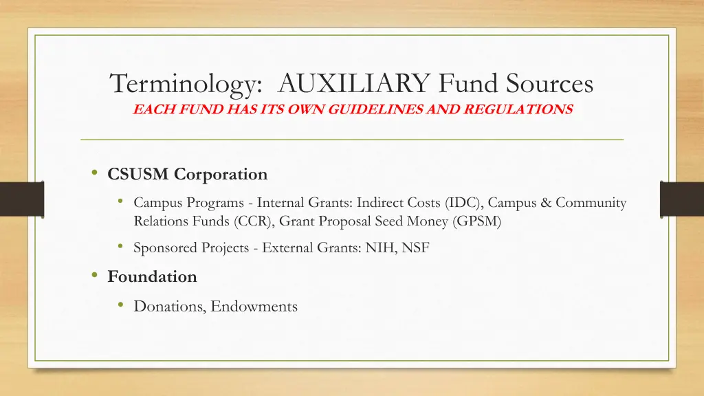 terminology auxiliary fund sources each fund