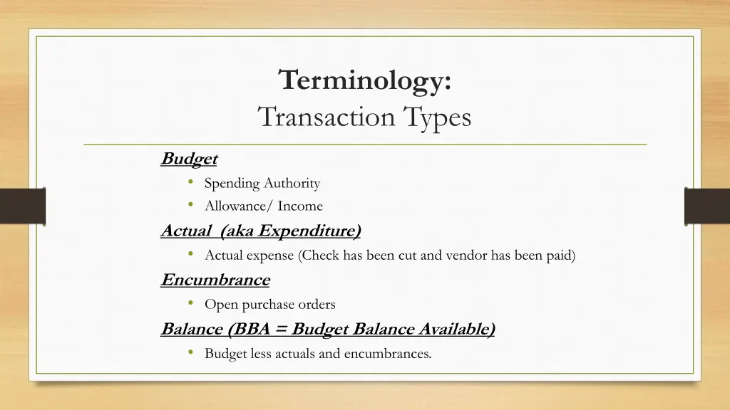 terminology transaction types