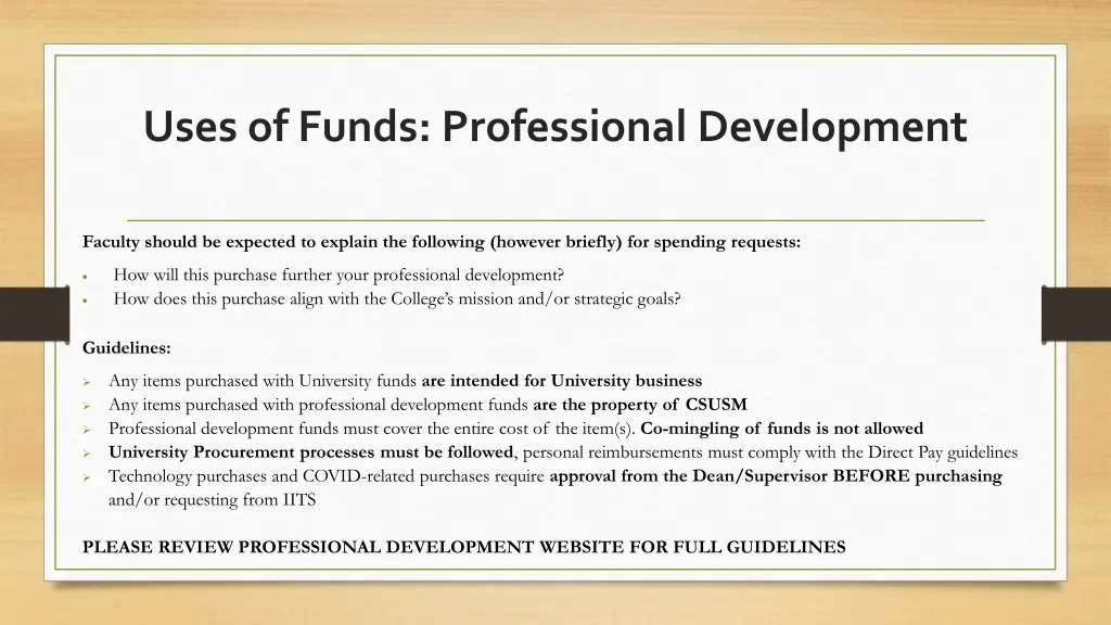 uses of funds professional development