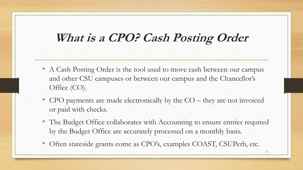 what is a cpo cash posting order