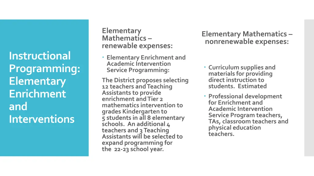 elementary mathematics renewable expenses