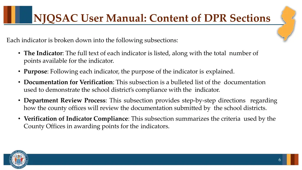 njqsac user manual content of dpr sections