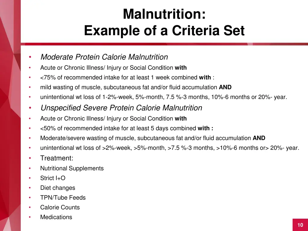 malnutrition example of a criteria set