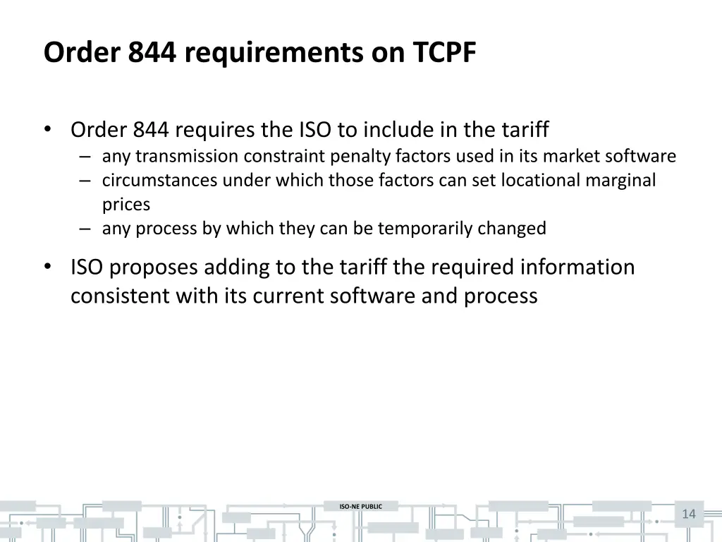 order 844 requirements on tcpf