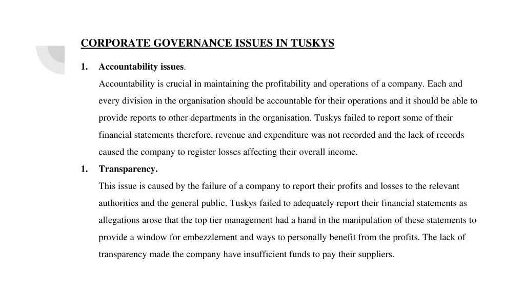 corporate governance issues in tuskys