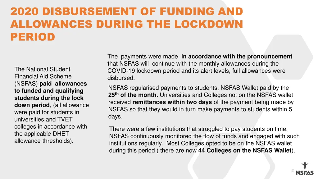 2020 disbursement of funding and allowances