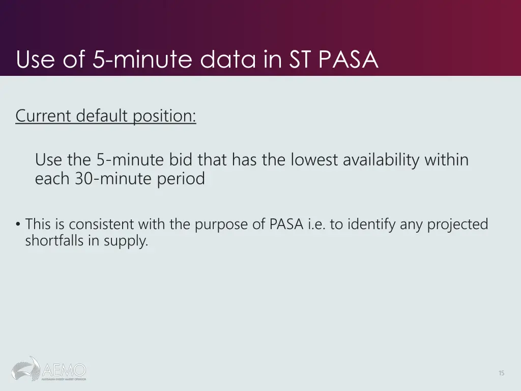 use of 5 minute data in st pasa