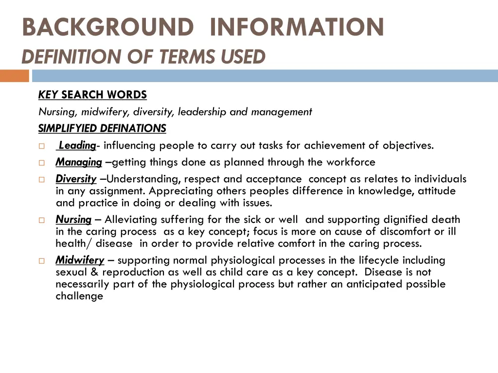 background information definition of terms used