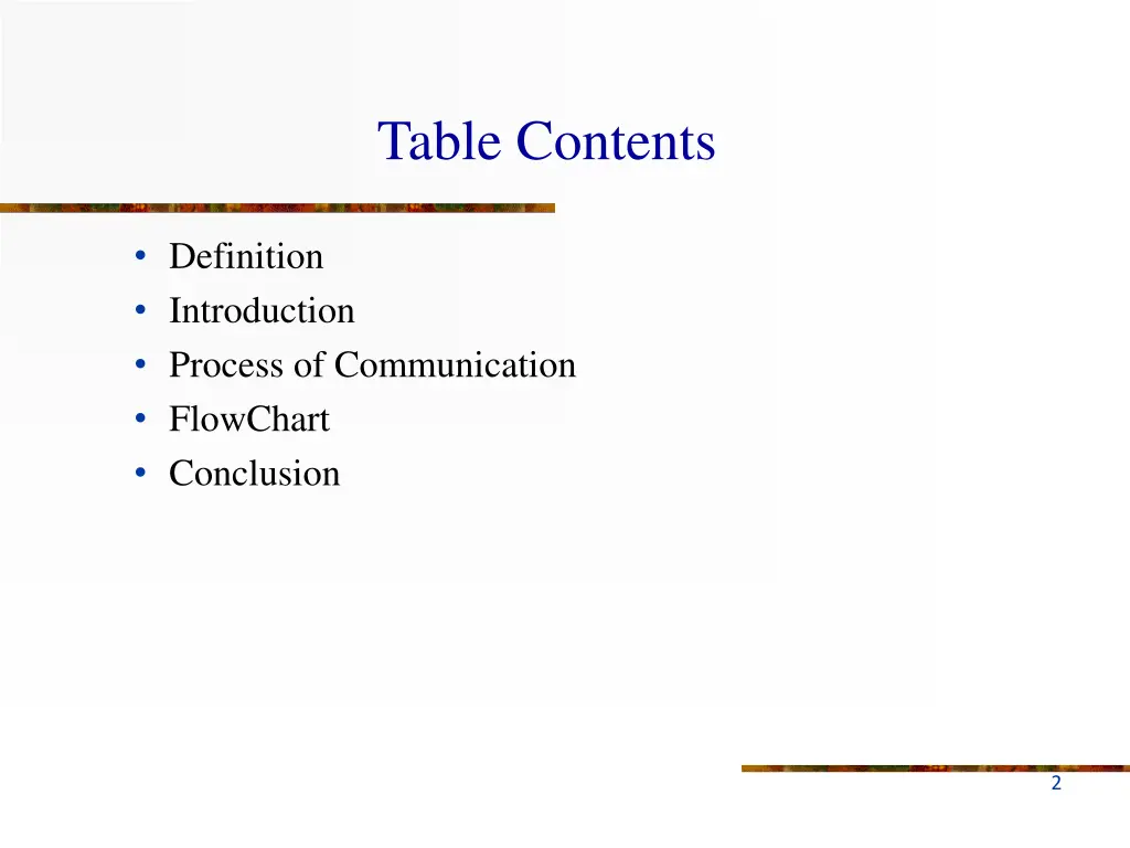 table contents