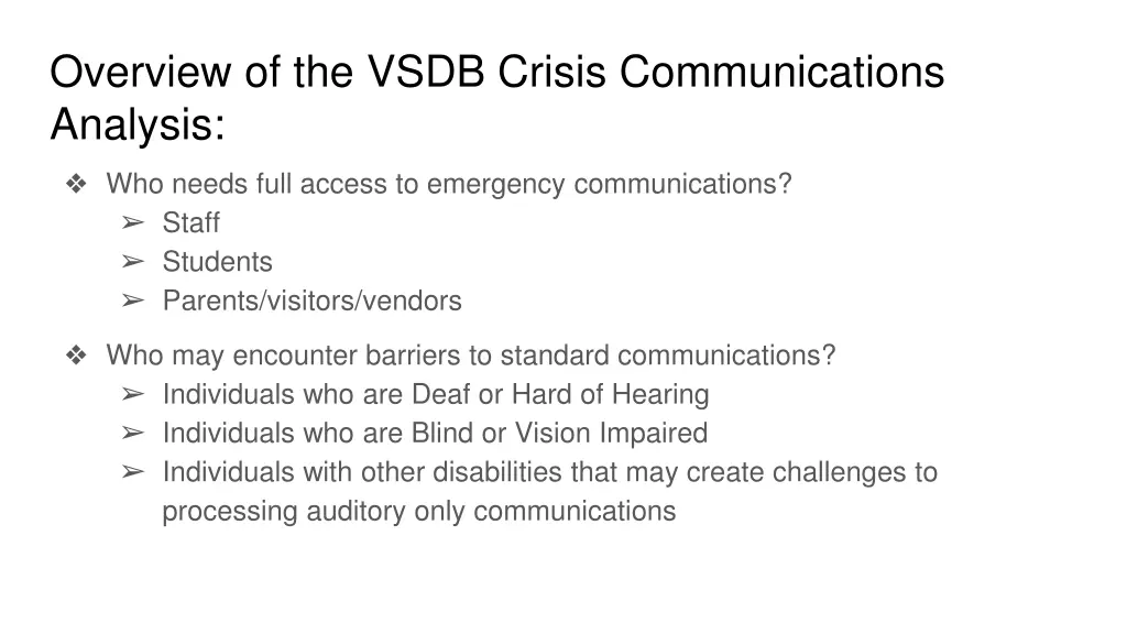 overview of the vsdb crisis communications