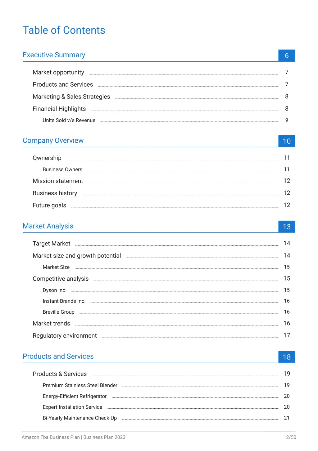 table of contents