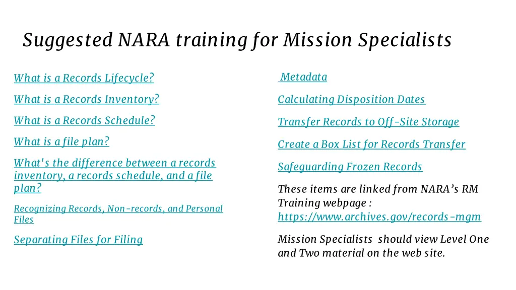 suggested nara training for mission specialists 1