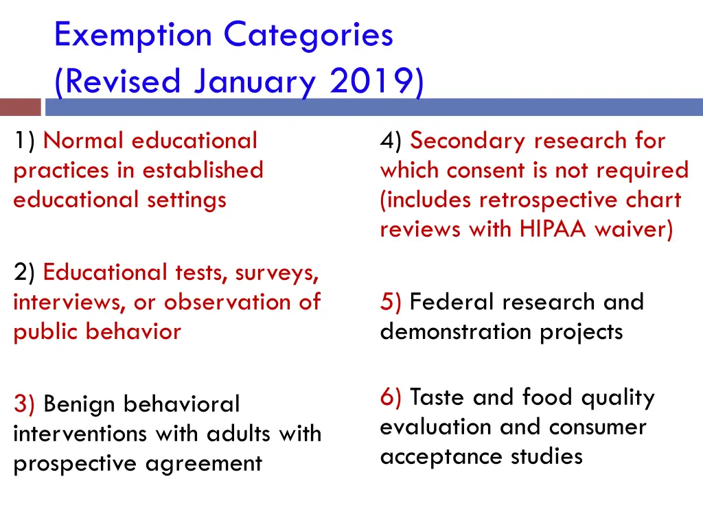 exemption categories revised january 2019