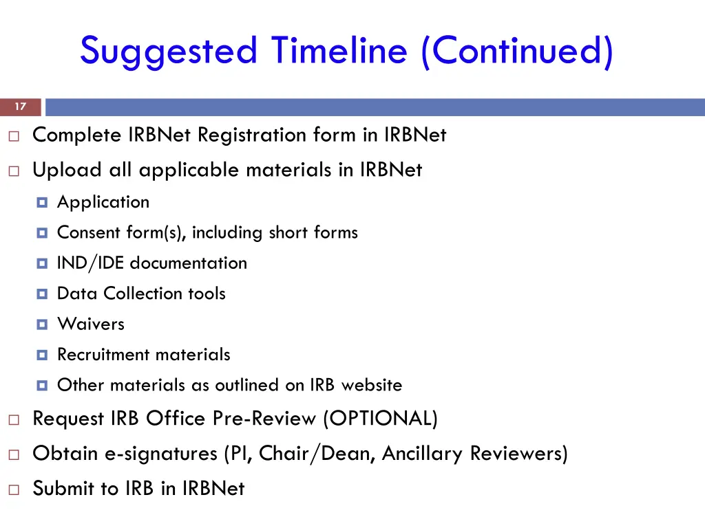 suggested timeline continued