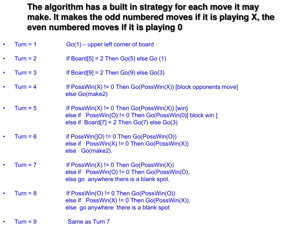 the algorithm has a built in strategy for each