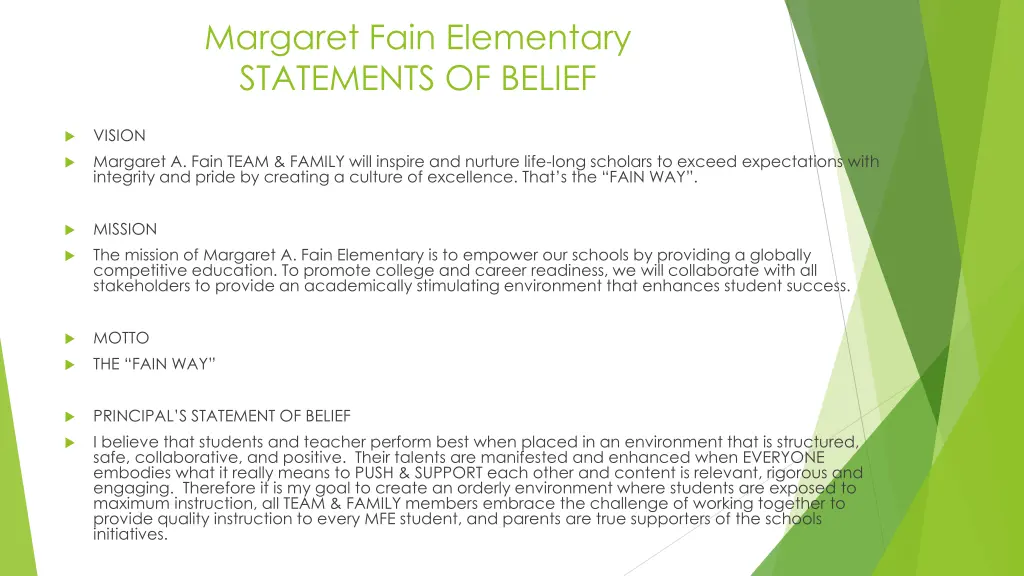 margaret fain elementary statements of belief