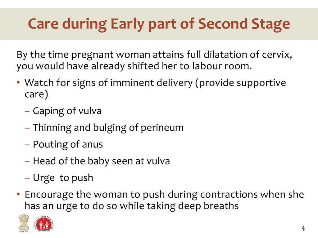 care during early part of second stage