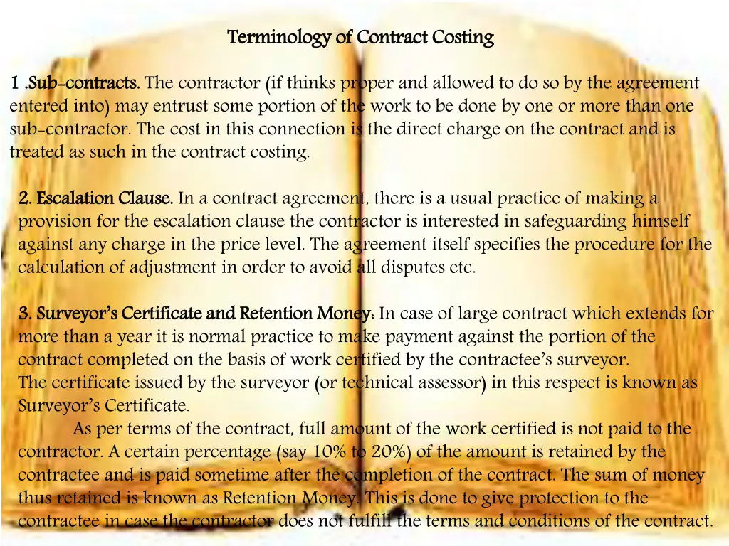 terminology of contract costing