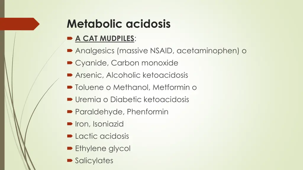 metabolic acidosis a cat mudpiles analgesics