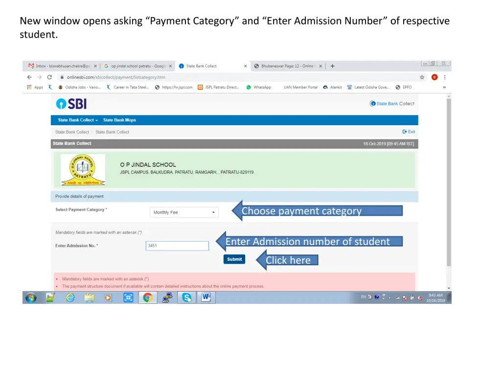 new window opens asking payment category