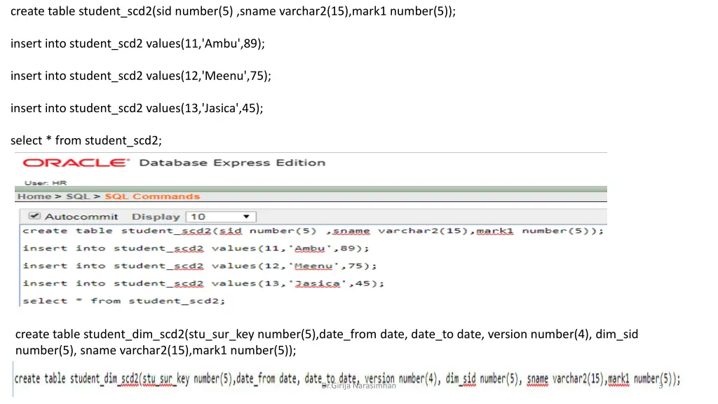 create table student scd2 sid number 5 sname