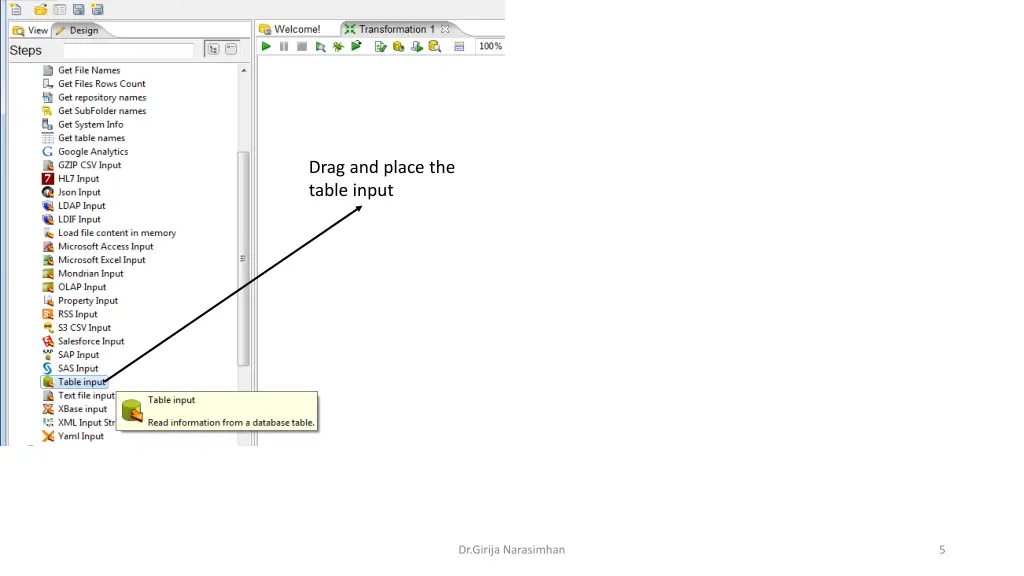 drag and place the table input