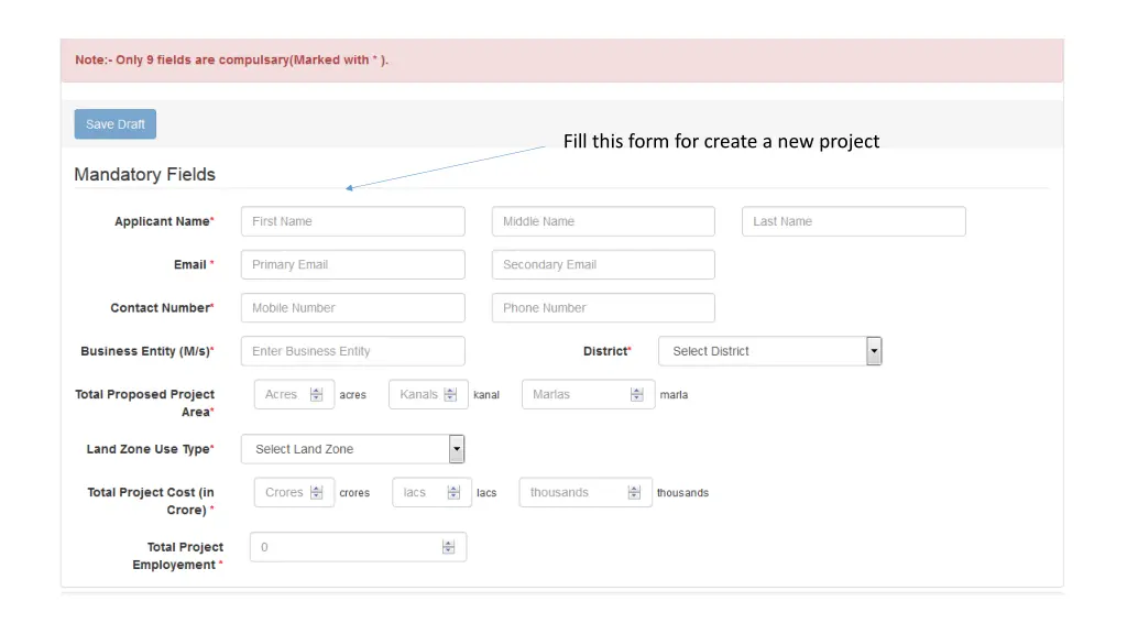 fill this form for create a new project