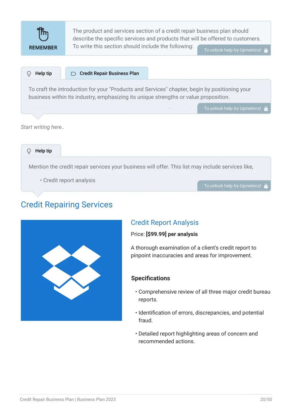 the product and services section of a credit