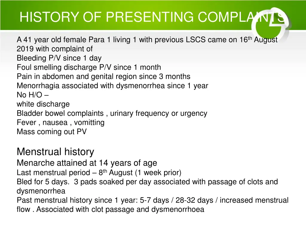 history of presenting complaints